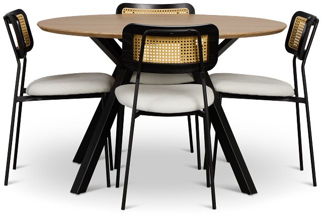 Lynden Light Tone Round Table & 4 White Woven Upholstered Side Chairs