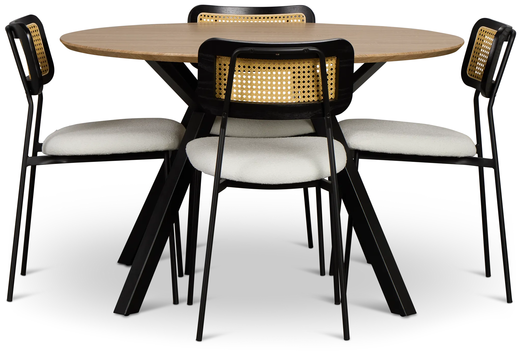 Lynden Light Tone Round Table & 4 White Woven Upholstered Side Chairs