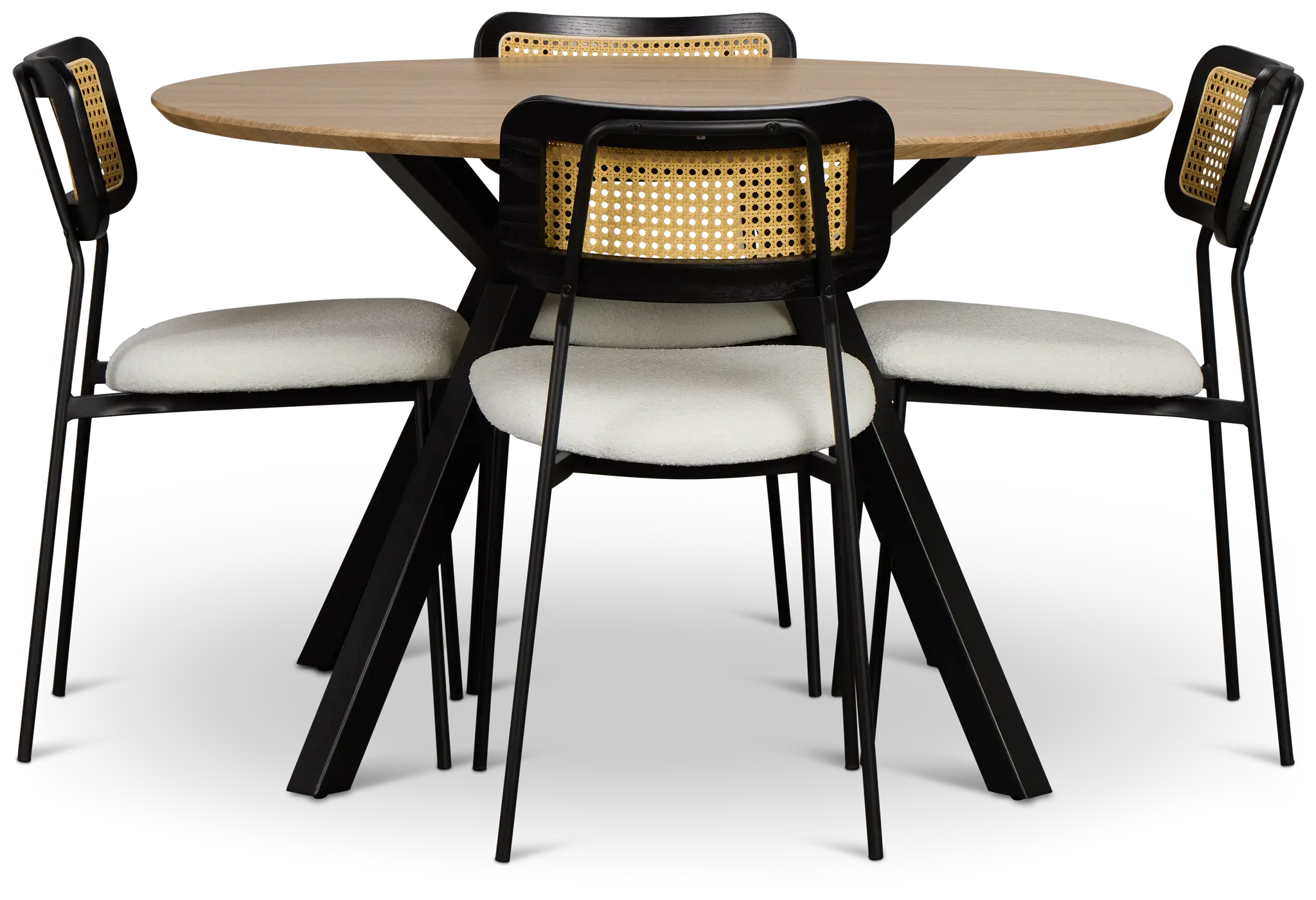 Lynden Light Tone Round Table & 4 White Woven Upholstered Side Chairs Lynden Light Tone Round Table & 4 White Woven Upholstered Side Chairs