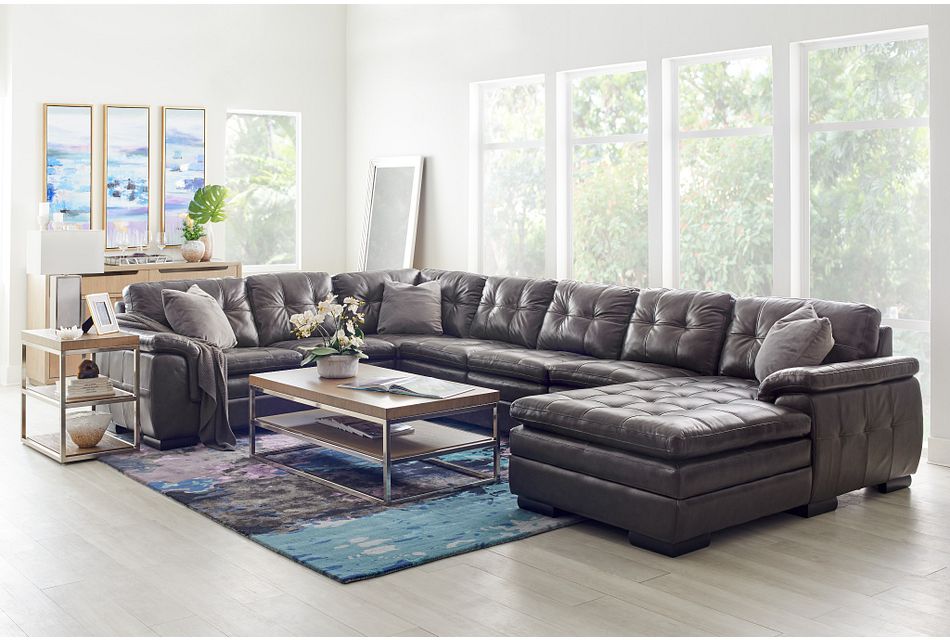 Trevor Dark Gray Leather Large Right, Gray Leather Couch
