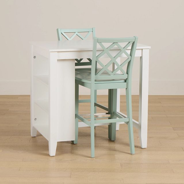 Edgartown White Storage High Table & 2 Light Blue Wood Barstools