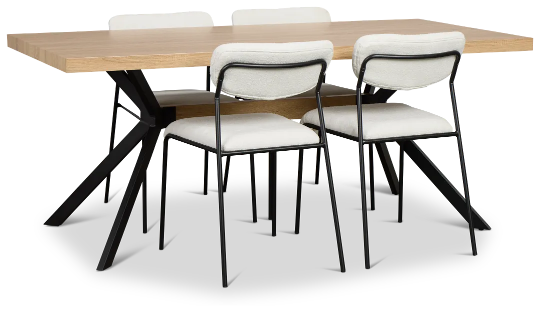 Lynden Light Tone Rect Table & 4 White Metal Upholstered Side Chairs