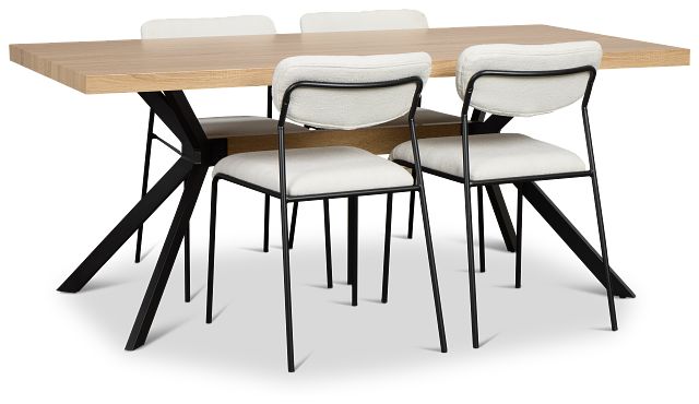 Lynden Light Tone Rect Table & 4 White Metal Upholstered Side Chairs