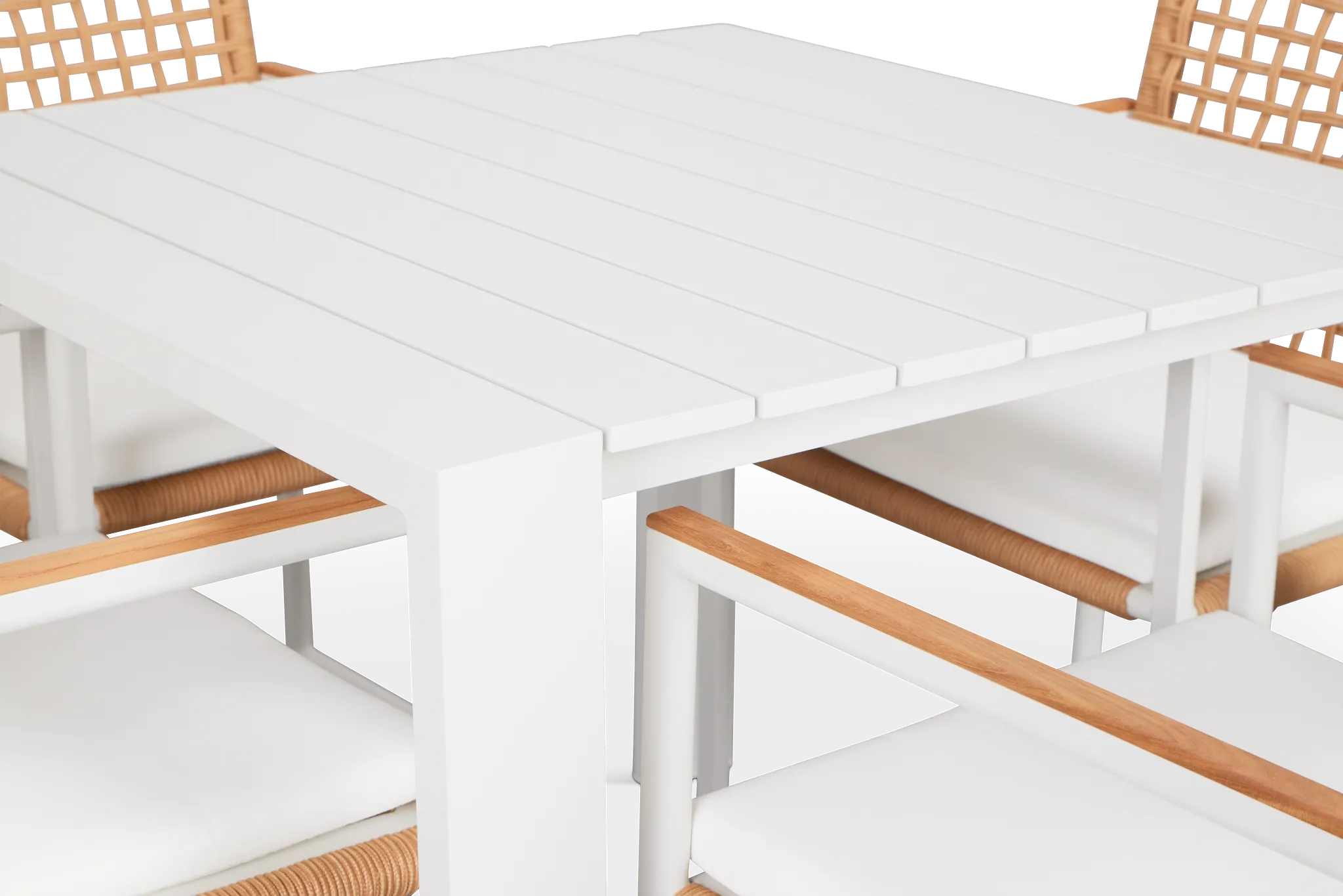 Sunrise White 35" Square Table & 4 Teak Arm Chairs