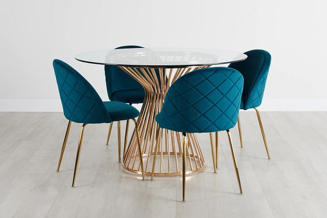 Munich Gold Glass Table & 4 Dark Teal Upholstered Chairs