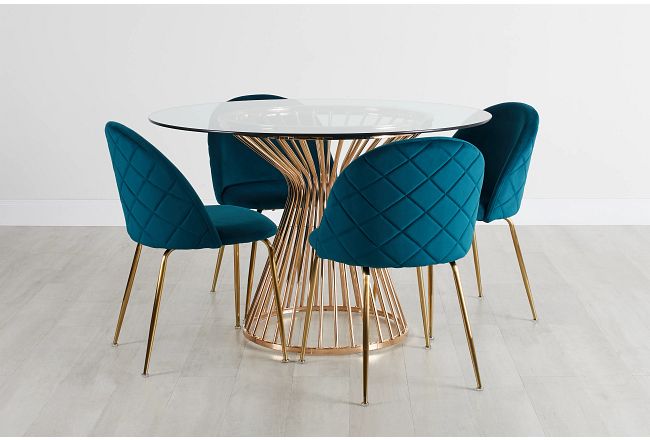 Munich Gold Glass Table & 4 Dark Teal Upholstered Chairs