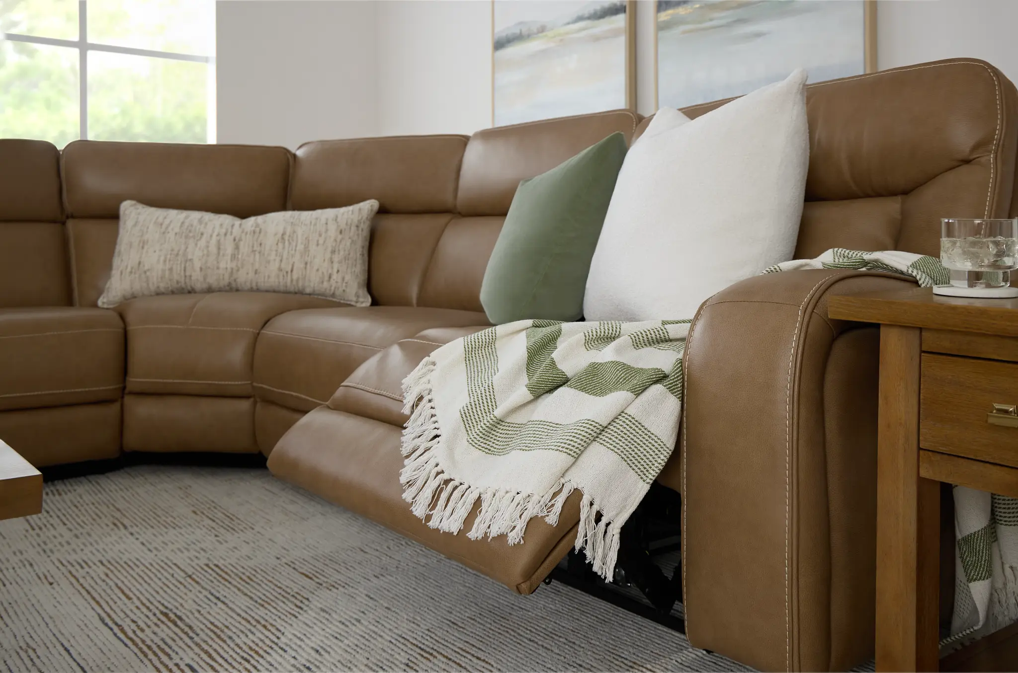 Jasper Light Brown Leather Medium Dual Power 2-arm Reclining Sectional Jasper Light Brown Leather Medium Dual Power 2-arm Reclining Sectional