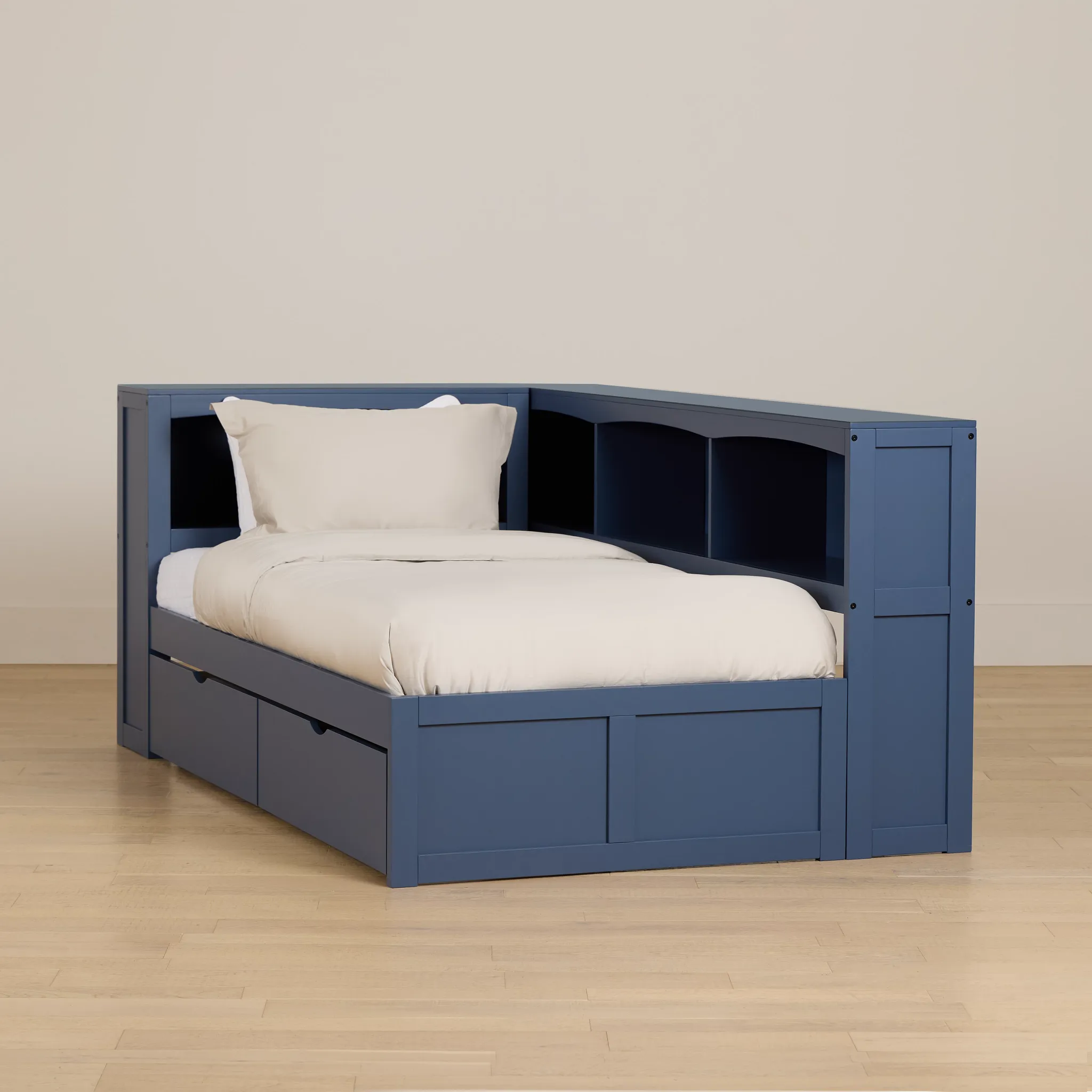 Charleston Dark Blue Corner Bookcase Bed With 2 Storage Drawers