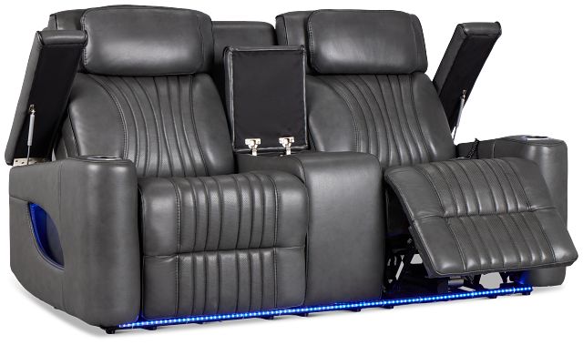 Nova Dark Gray Lthr/vinyl Power Reclining Console Loveseat W/ Massage
