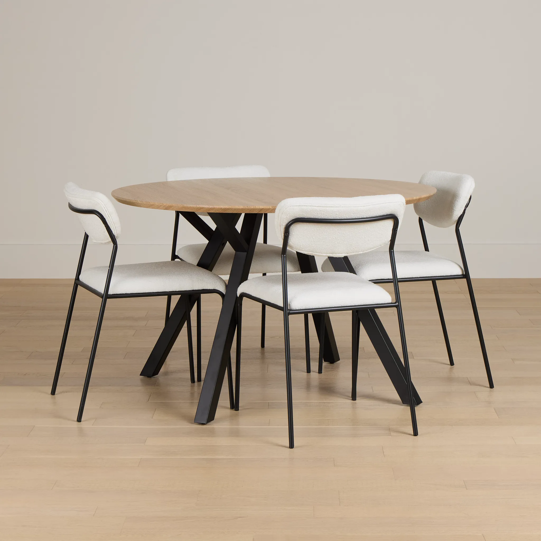 Lynden Light Tone Round Table & 4 White Metal Upholstered Side Chairs