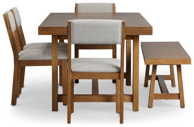 Vail Light Tone Trestle Table, 4 Chairs & Bench