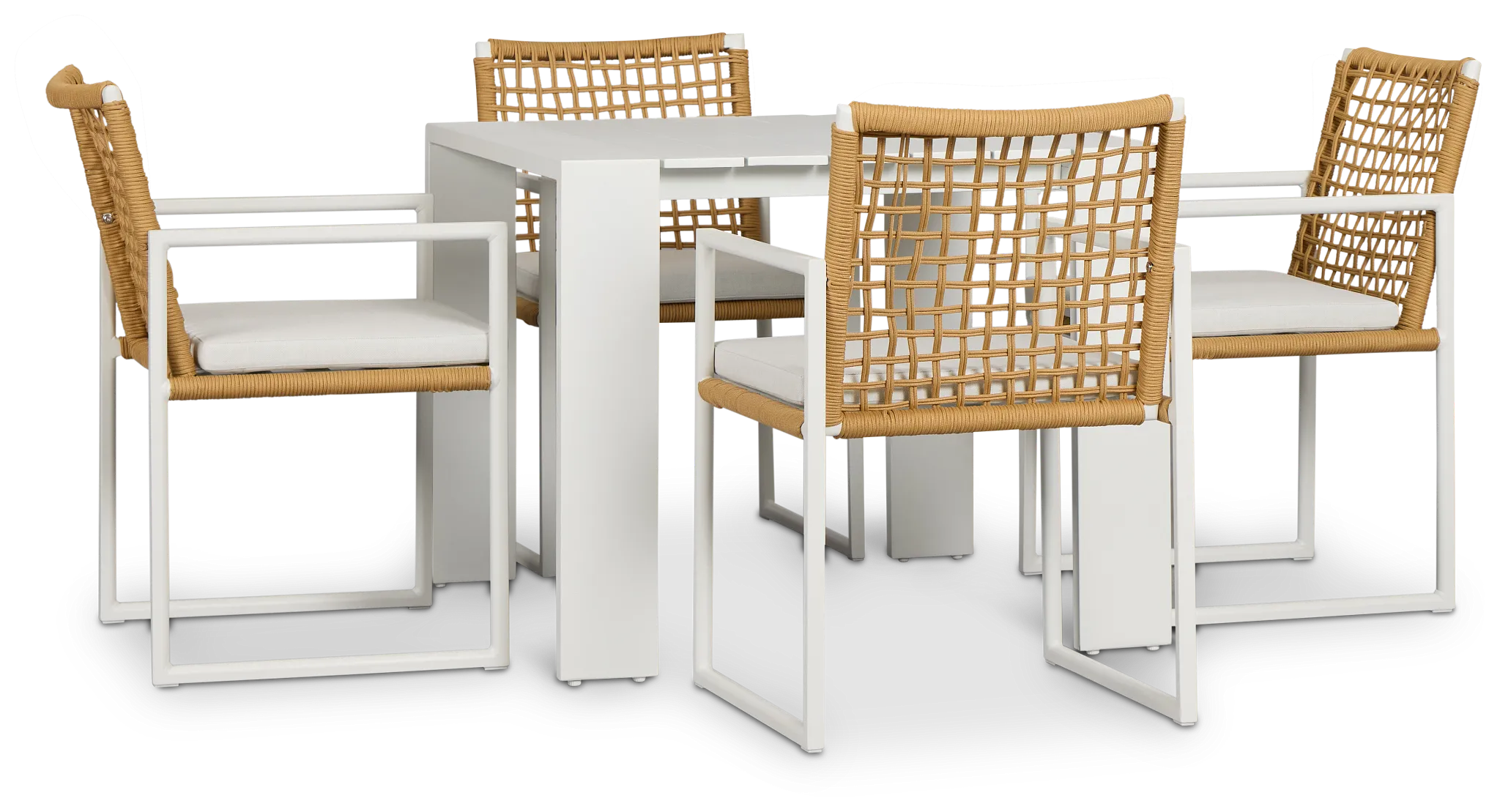 Sunrise White 35" Square Table & 4 Aluminum Arm Chairs