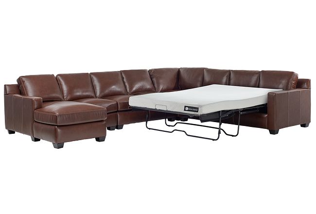 Carson Medium Brown Leather Large Left Chaise Memory Foam Sleeper Sectional