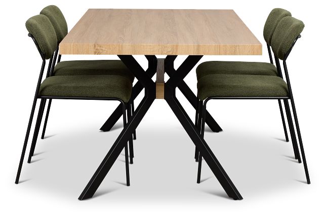 Lynden Light Tone Rect Table & 4 Green Metal Upholstered Side Chairs