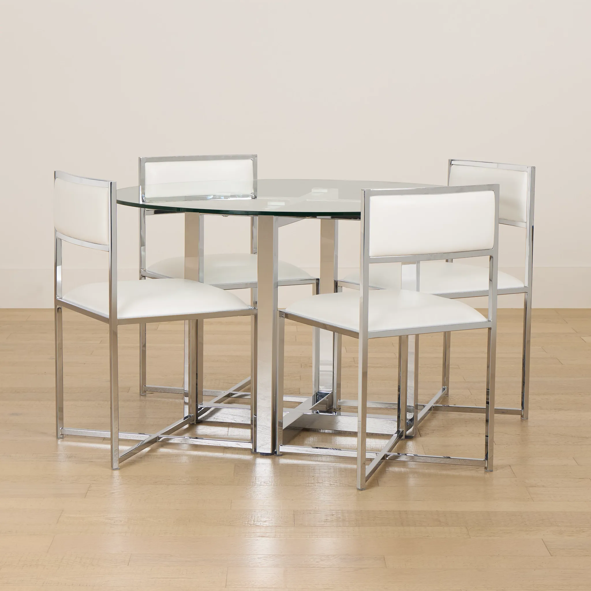 Amalfi White Glass Round Table & 4 Metal Chairs