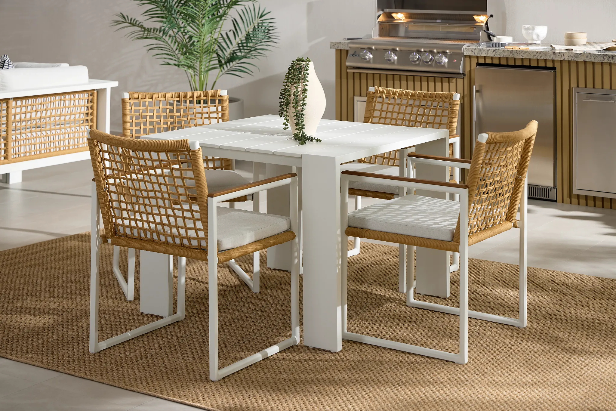 Sunrise White 35" Square Table & 4 Teak Arm Chairs