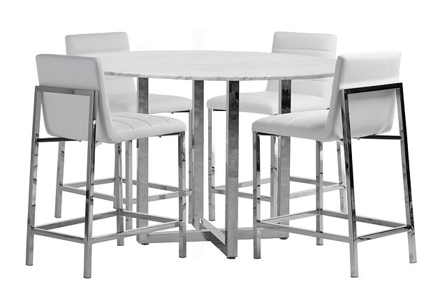 Amalfi White Marble High Table & 4 Upholstered Barstools