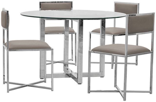 Amalfi Taupe Glass Round Table & 4 Metal Chairs