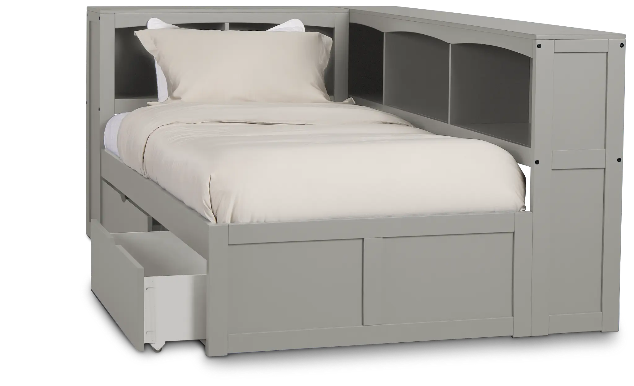 Charleston Gray Corner Bookcase Bed With 2 Storage Drawers Charleston Gray Corner Bookcase Bed With 2 Storage Drawers