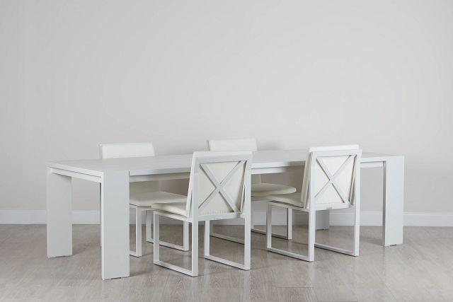 Linear White 110" Aluminum Table & 4 Cushioned Side Chairs