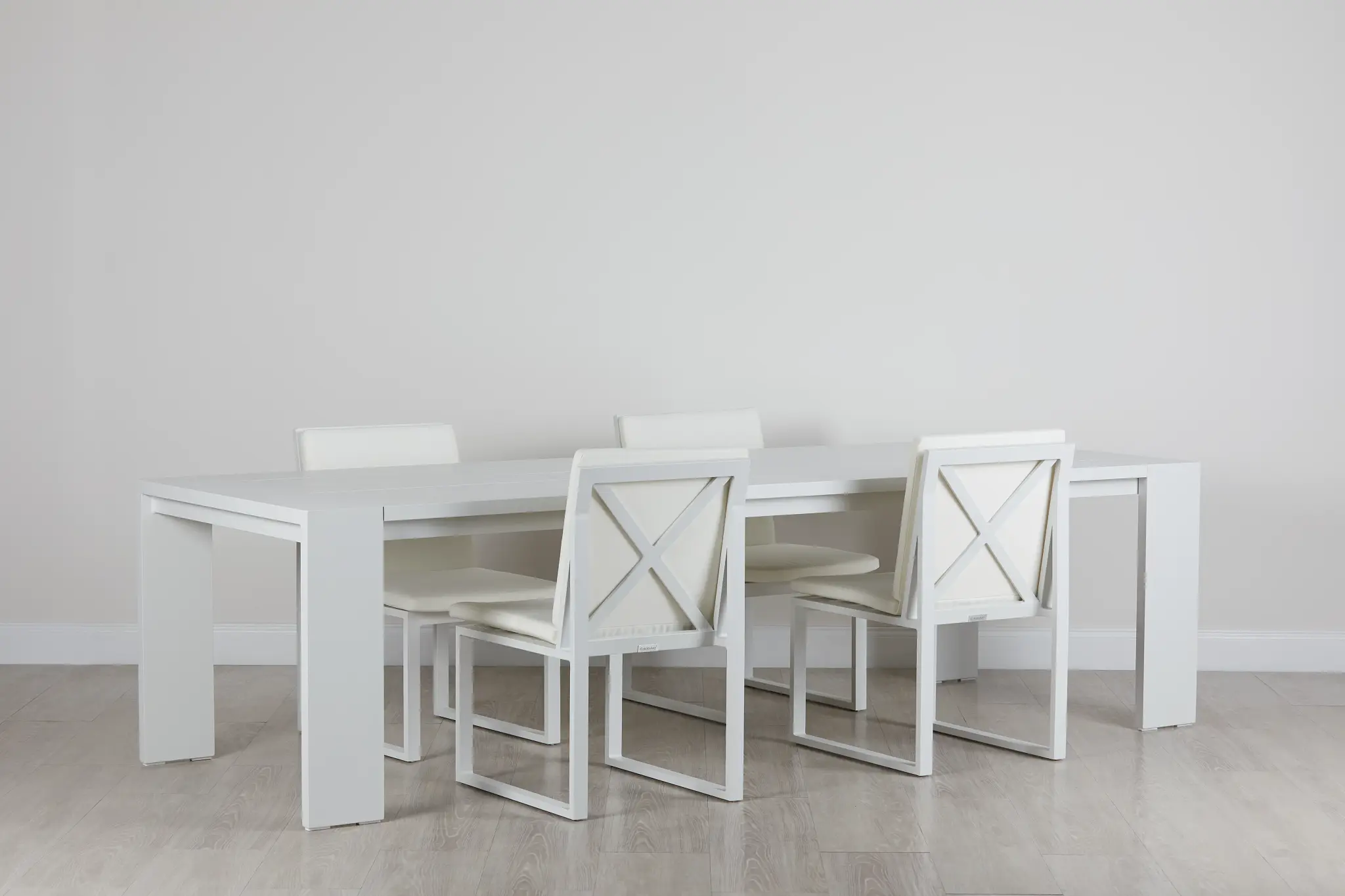 Linear White 110" Aluminum Table & 4 Cushioned Side Chairs Linear White 110" Aluminum Table & 4 Cushioned Side Chairs