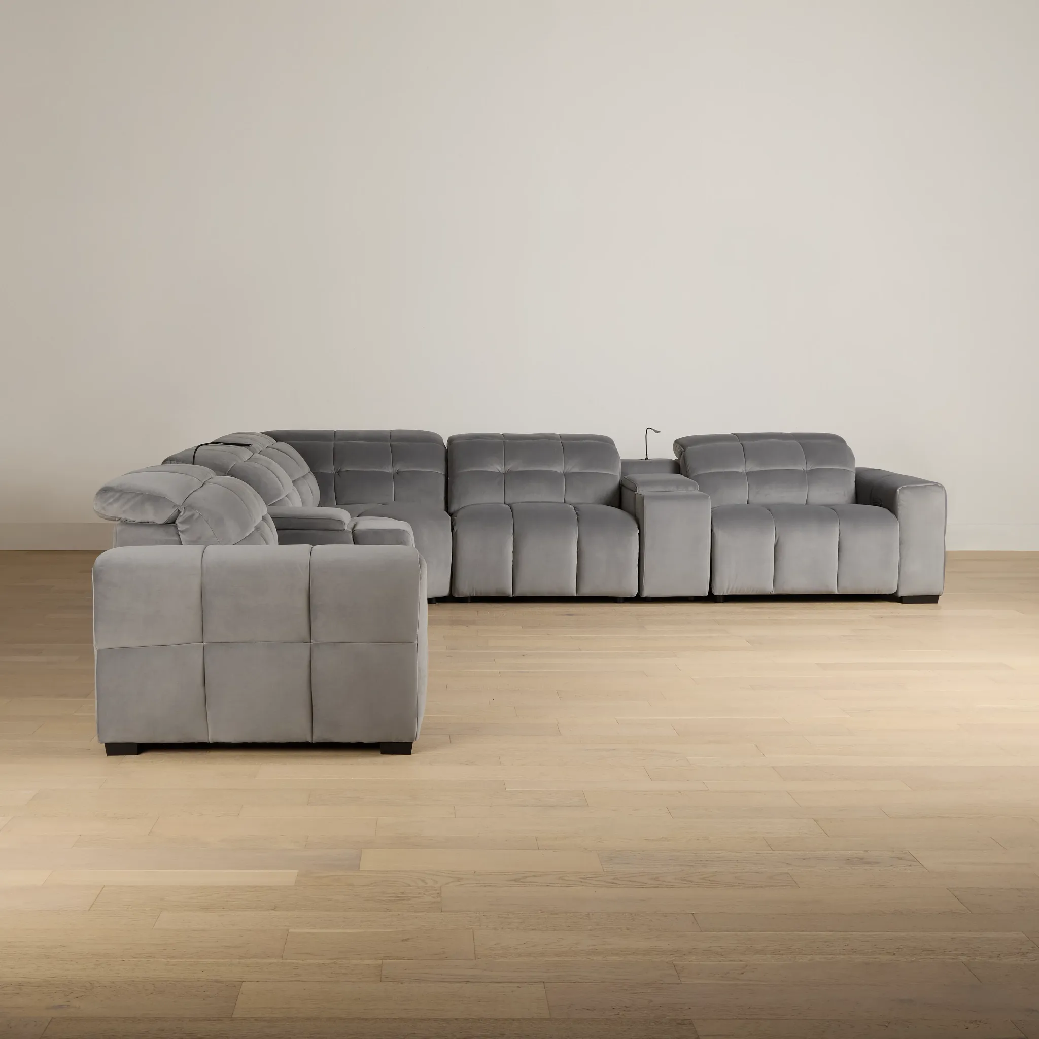 Gemma Light Gray Velvet Large Triple Power Reclining Two-arm Sectional