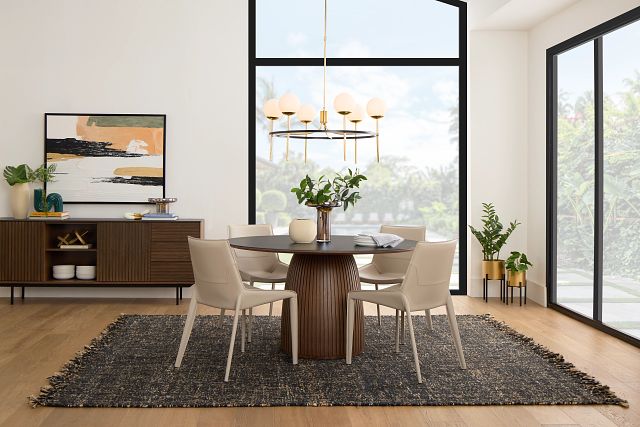 Wayne Two-tone Stone Round Table & 4 Light Beige Upholstered Chairs
