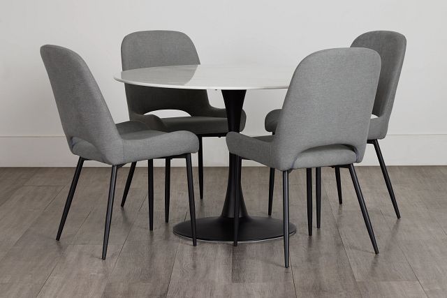 Brela White Round Table & 4 Gray Upholstered Chairs