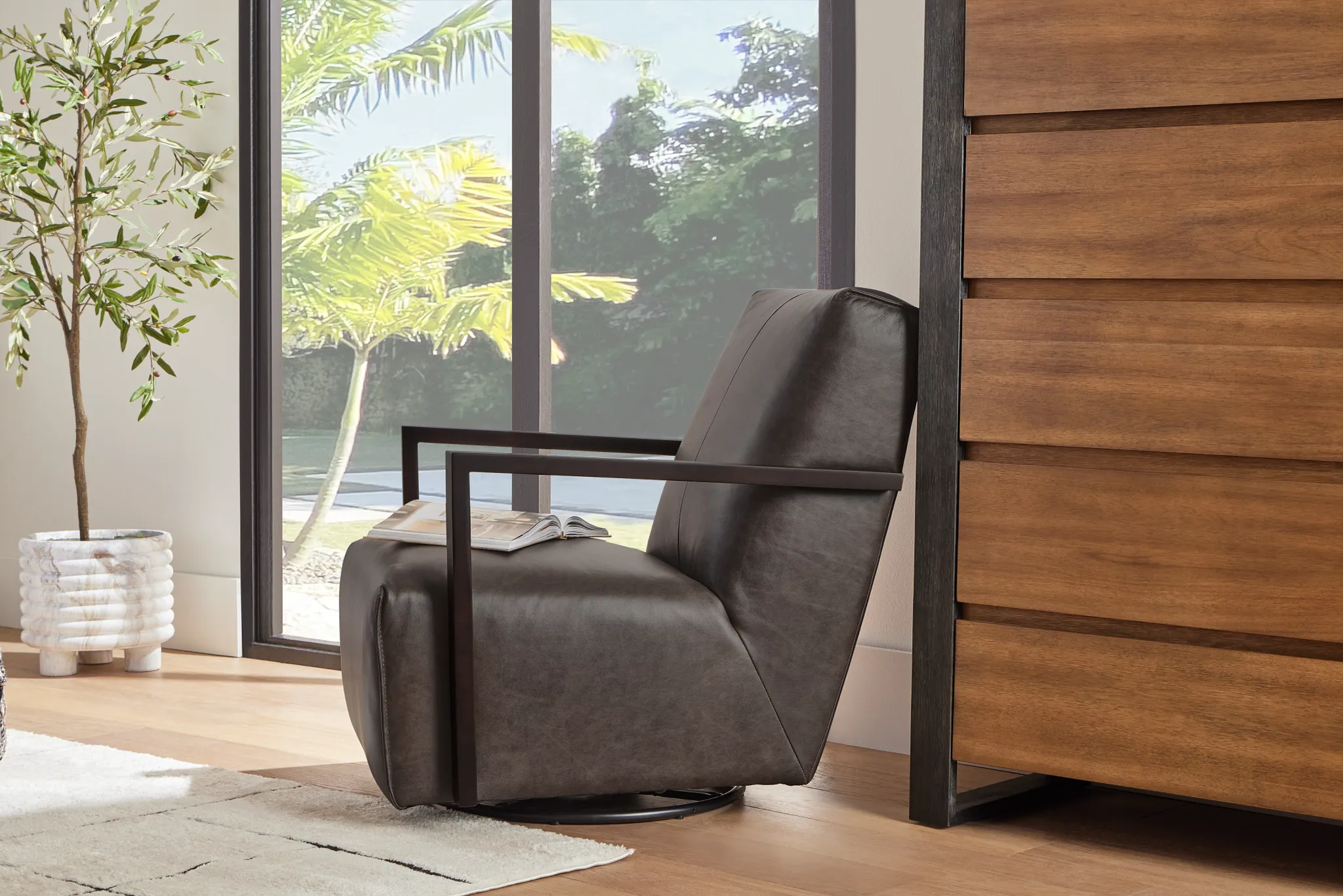 Lucas Dark Gray Leather Swivel Rocker Glider