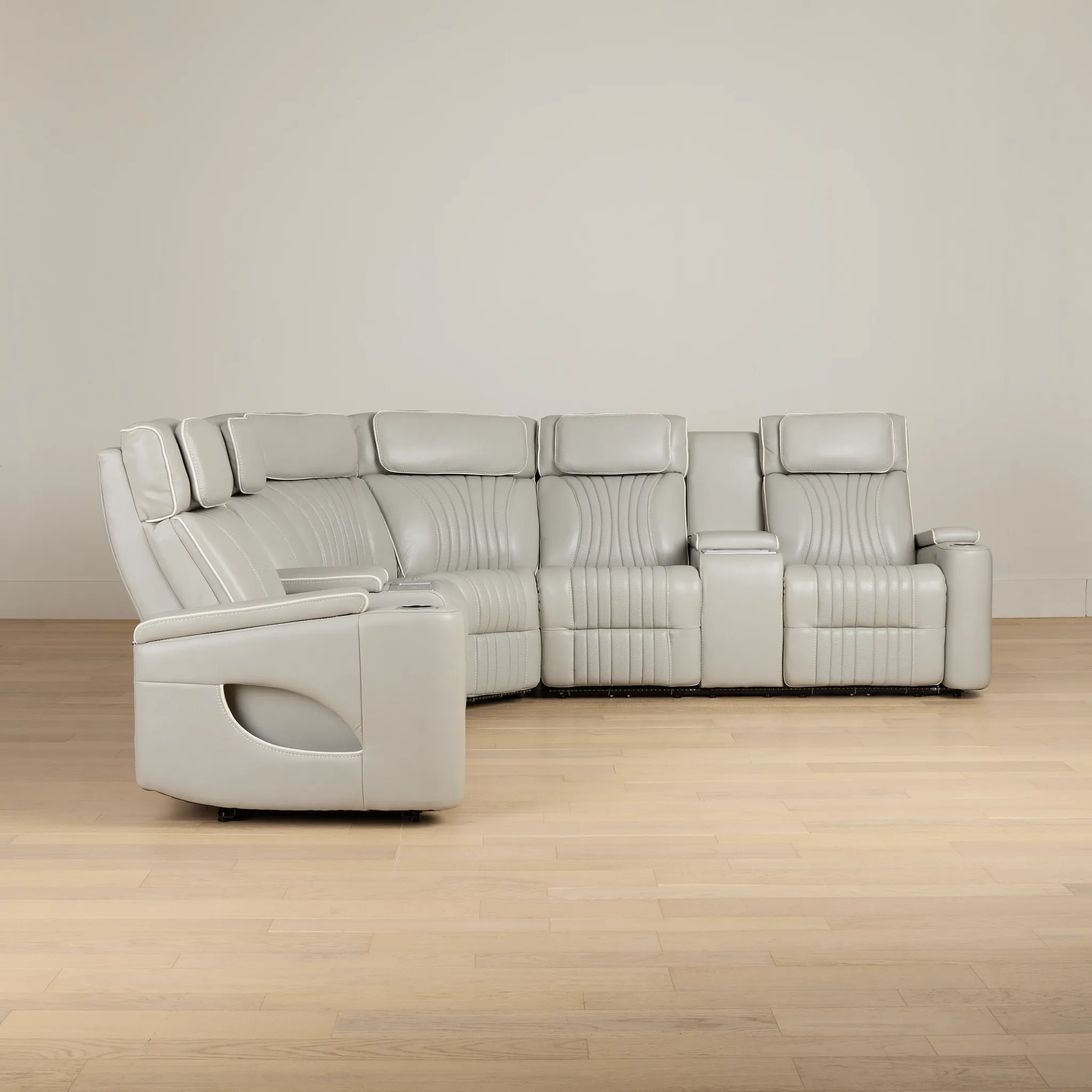 Nova Light Gray Lthr/vinyl Medium 2-arm Dual Power Massage Sectional