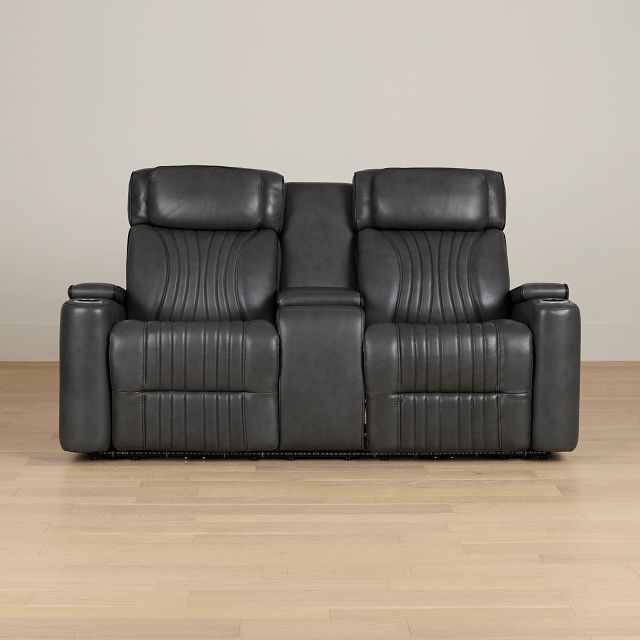 Nova Dark Gray Lthr/vinyl Power Reclining Console Loveseat W/ Massage