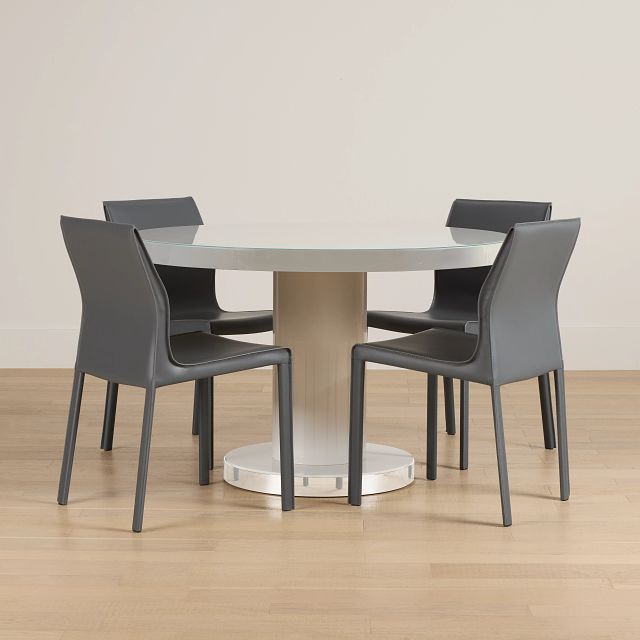 Miami White 47" Round Table & 4 Upholstered Chairs