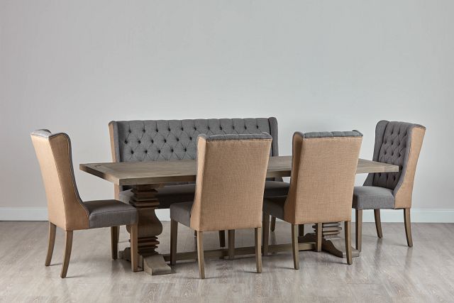 Hadlow Gray 95" Table 4 Tufted Chairs & Bench