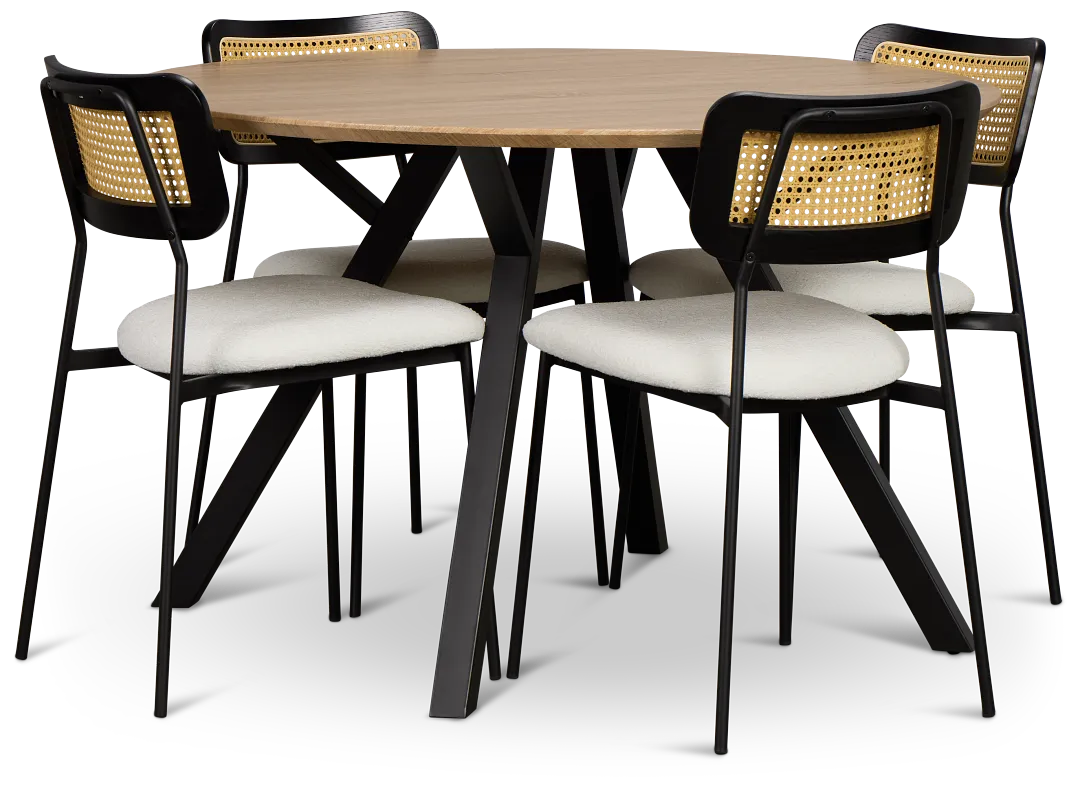 Lynden Light Tone Round Table & 4 White Woven Upholstered Side Chairs