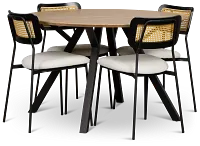 Lynden Light Tone Round Table & 4 White Woven Upholstered Side Chairs