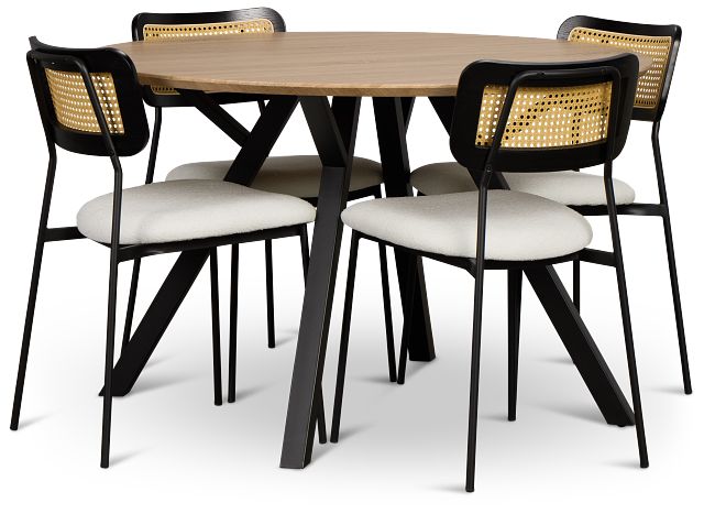 Lynden Light Tone Round Table & 4 White Woven Upholstered Side Chairs