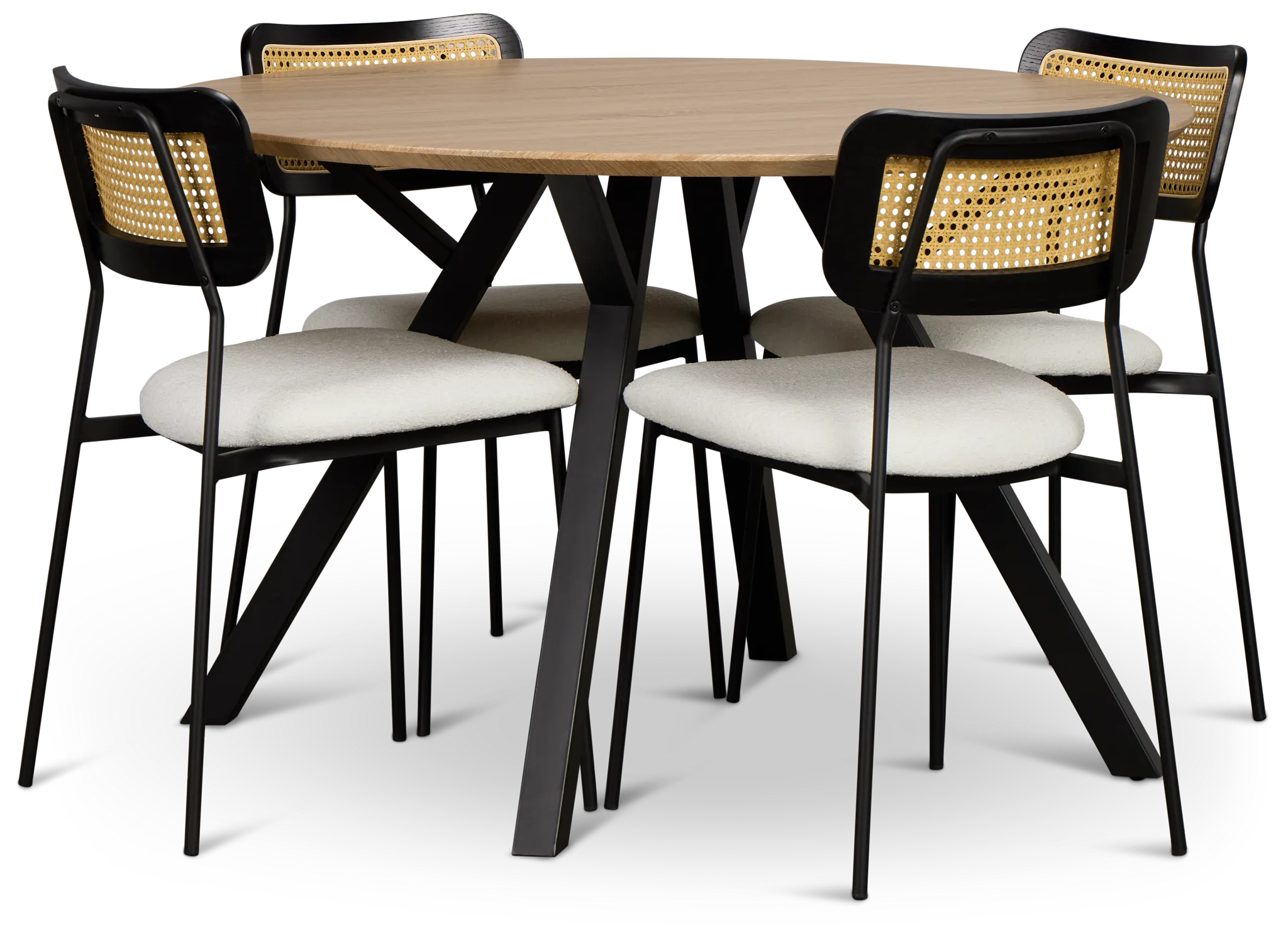 Lynden Light Tone Round Table & 4 White Woven Upholstered Side Chairs