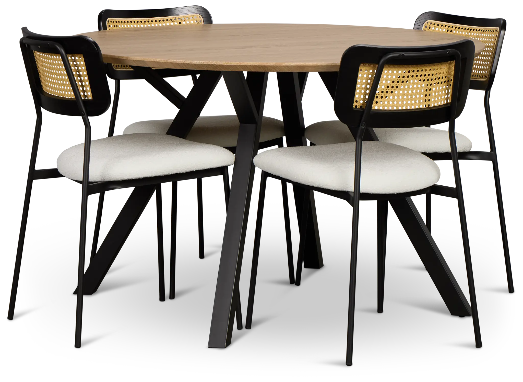 Lynden Light Tone Round Table & 4 White Woven Upholstered Side Chairs Lynden Light Tone Round Table & 4 White Woven Upholstered Side Chairs