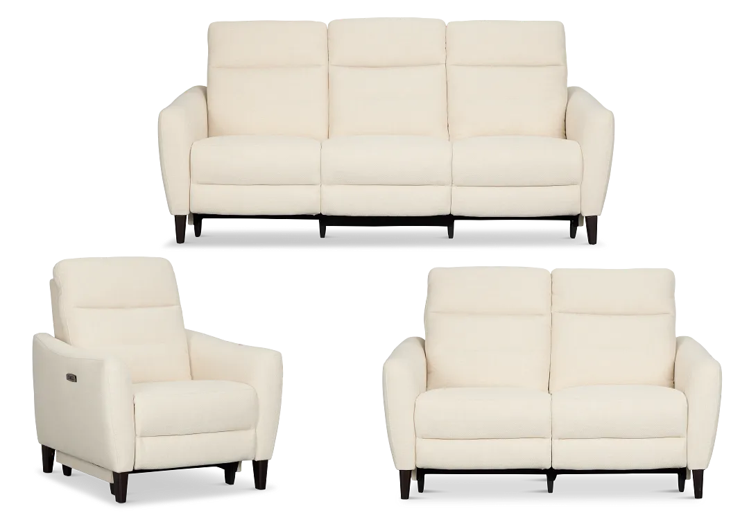 Keaton White Fabric Power Reclining Living Room