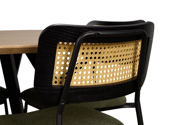 Lynden Light Tone Round Table & 4 Green Woven Upholstered Side Chairs