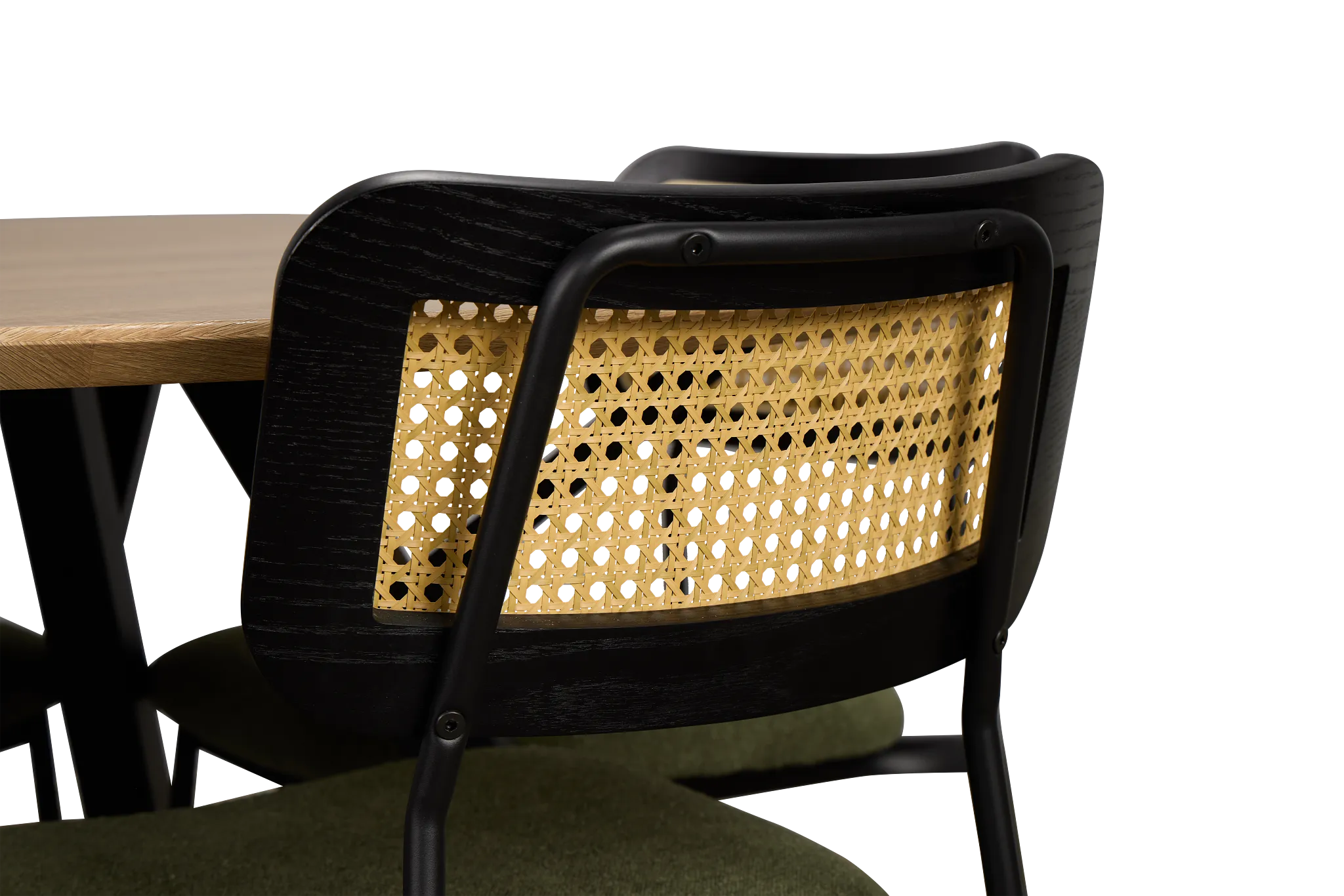 Lynden Light Tone Round Table & 4 Green Woven Upholstered Side Chairs