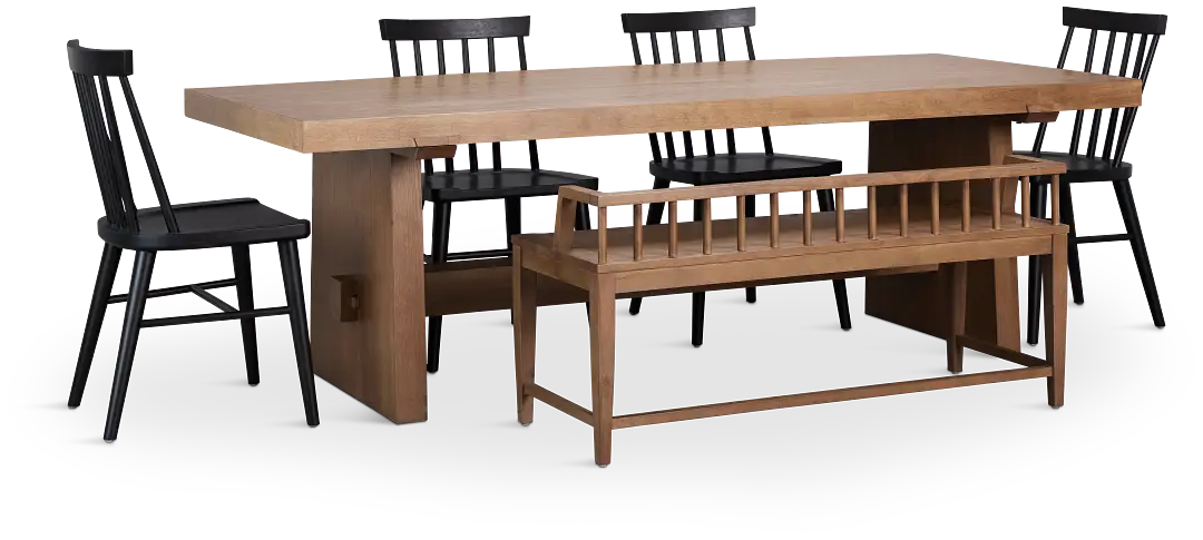 Provo Mid Tone Trestle Table With 4 Wood Side Chairs & Bench Provo Mid Tone Trestle Table With 4 Wood Side Chairs & Bench