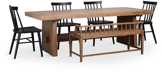 Provo Mid Tone Trestle Table With 4 Wood Side Chairs & Bench