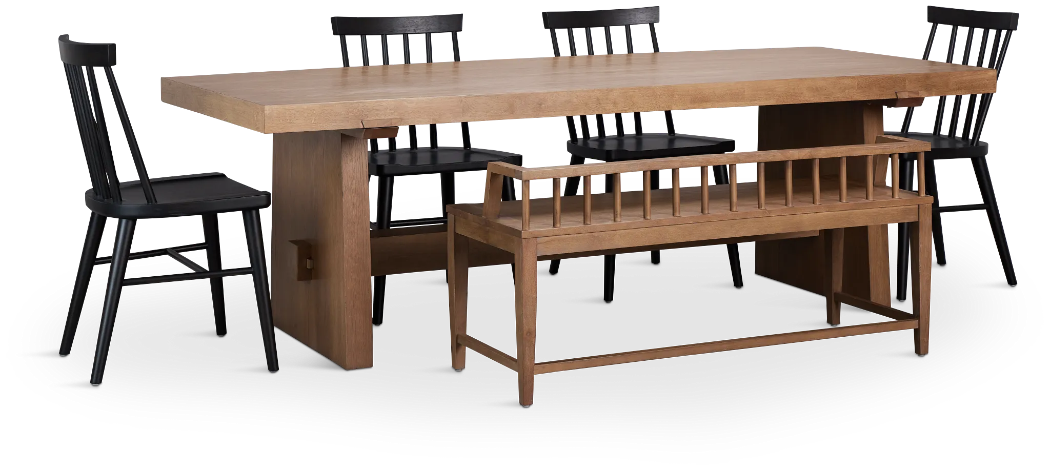 Provo Mid Tone Trestle Table With 4 Wood Side Chairs & Bench