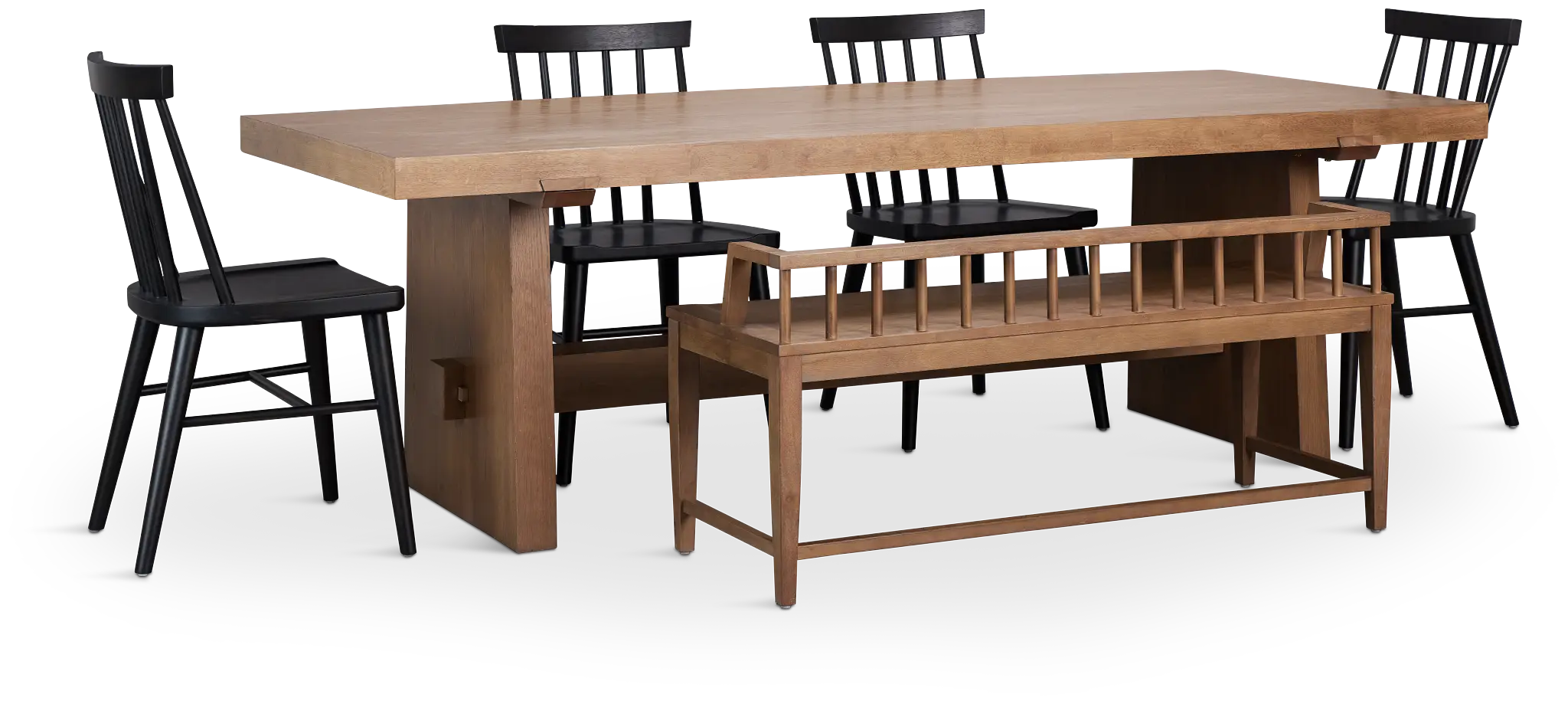 Provo Mid Tone Trestle Table With 4 Wood Side Chairs & Bench Provo Mid Tone Trestle Table With 4 Wood Side Chairs & Bench