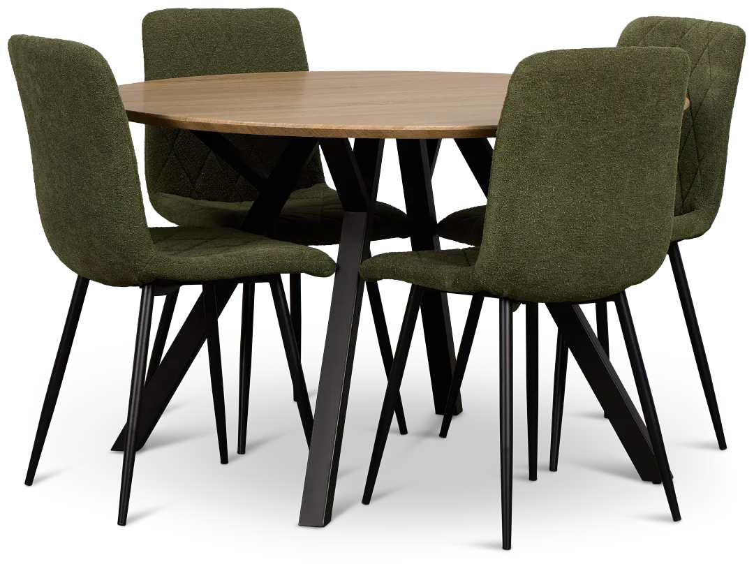 Lynden Light Tone Round Table & 4 Green Upholstered Side Chairs
