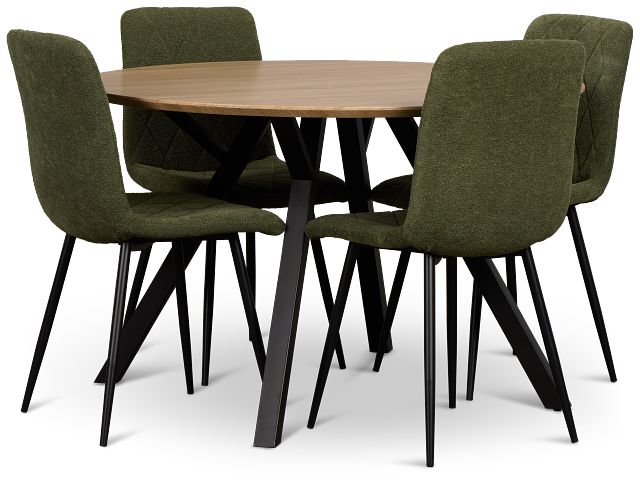 Lynden Light Tone Round Table & 4 Green Upholstered Side Chairs