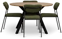 Lynden Light Tone Round Table & 4 Green Metal Upholstered Side Chairs