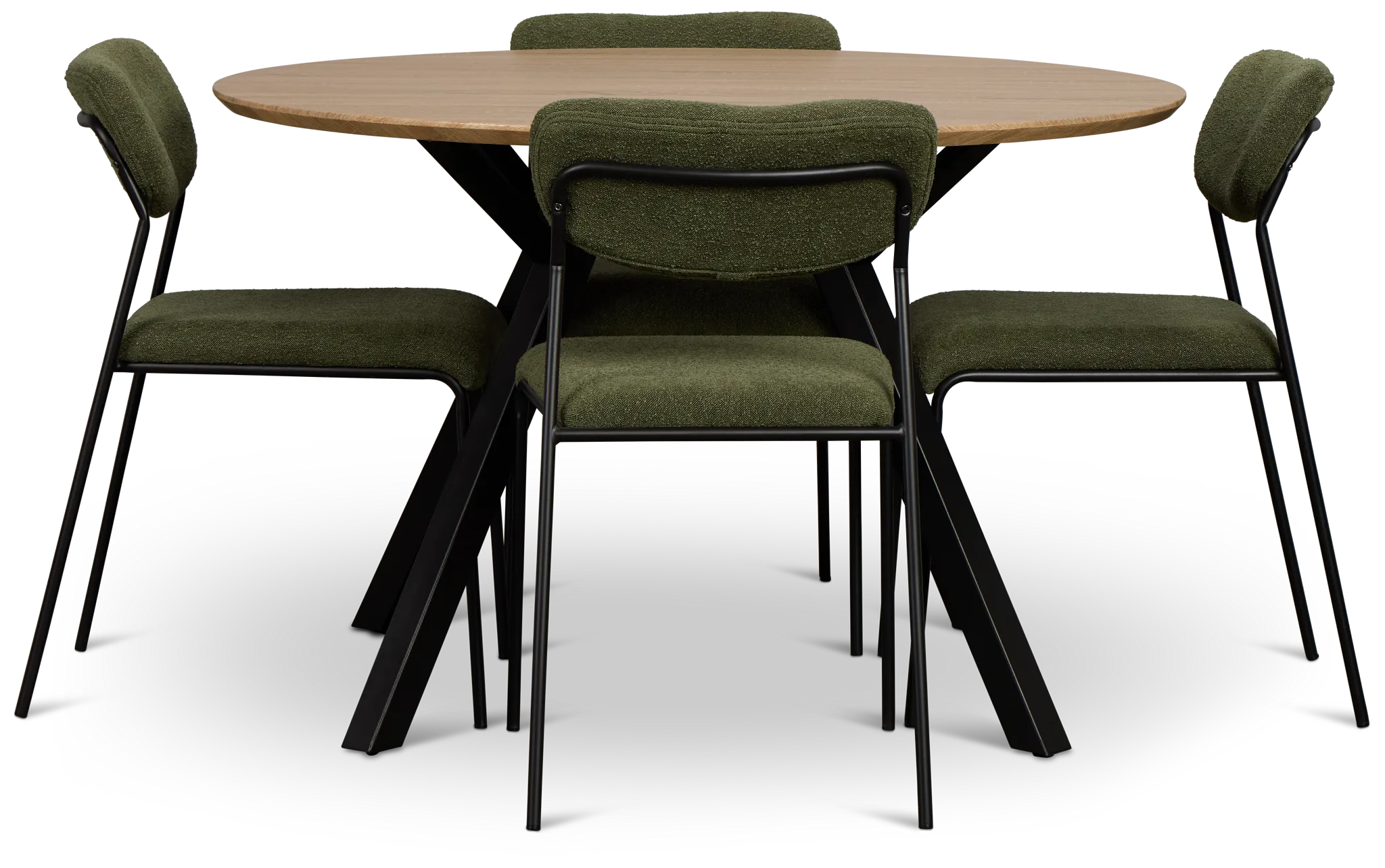 Lynden Light Tone Round Table & 4 Green Metal Upholstered Side Chairs