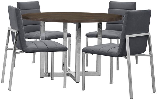 Amalfi Gray Wood Round Table & 4 Upholstered Chairs